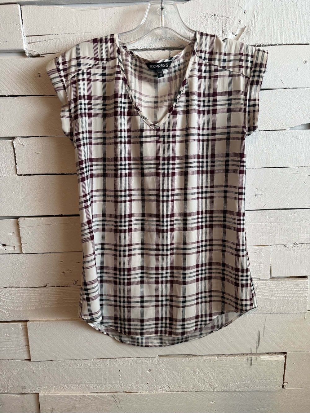 Express Plaid V-Neck Cap Sleeve Top in Cream and Burgundy
